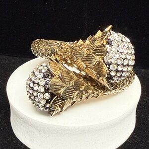 Large Vintage Statement Gold Tone Crystal Floral Clamp Bracelet